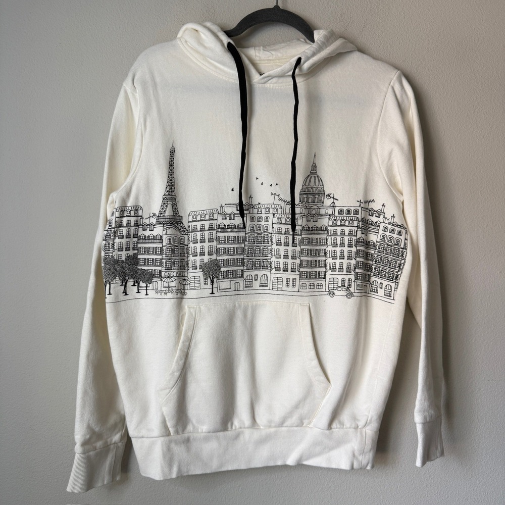 L'Attrape Coeur Paris Skyline Graphic Hoodie Cream Cotton Pullover Small